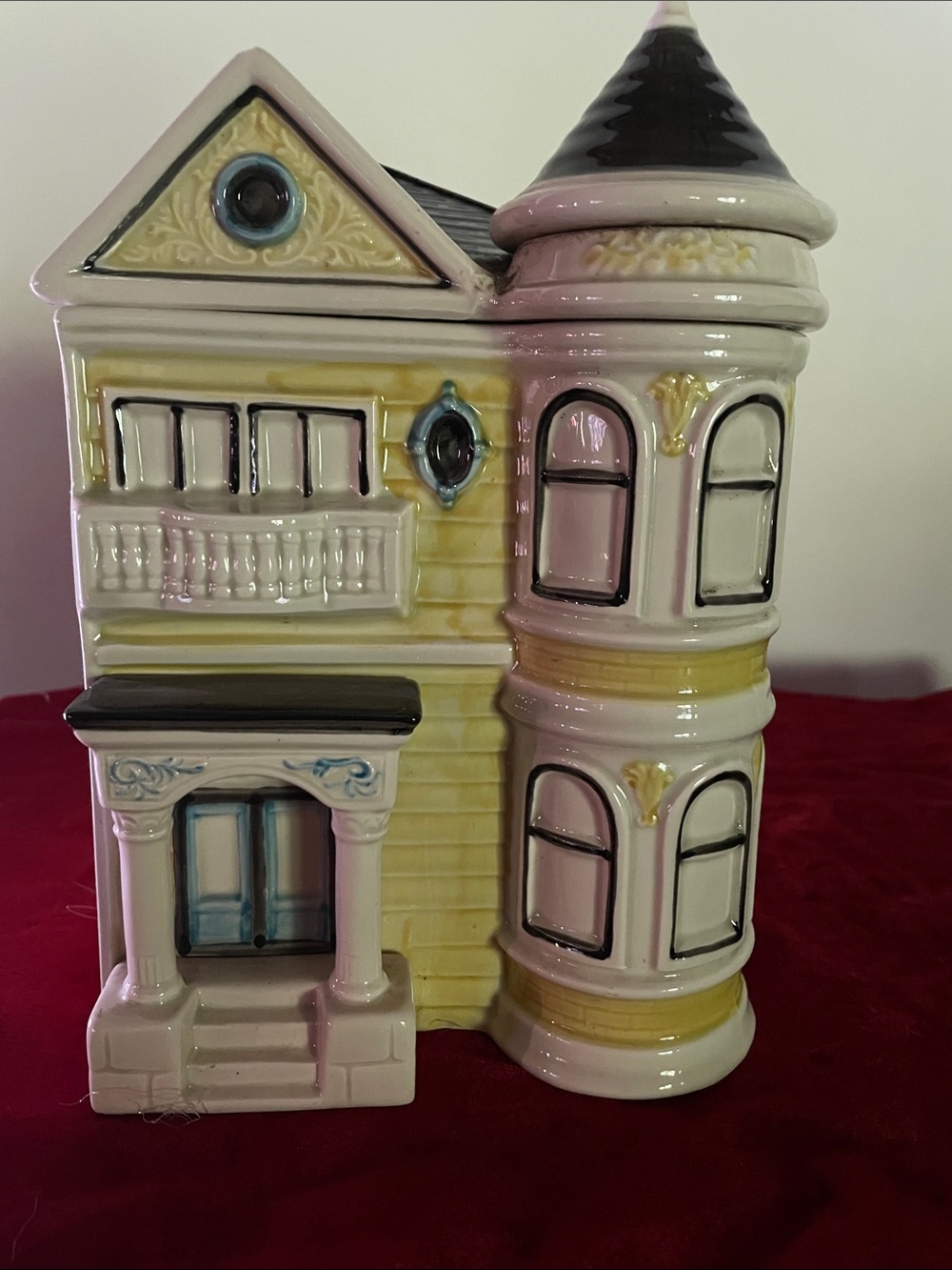 Victorian House Ceramic Cookie Jar - White & Yellow